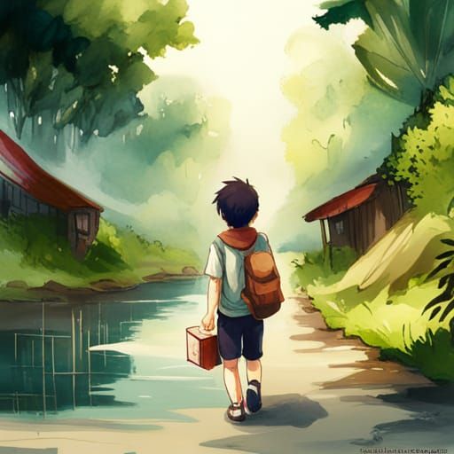 Anime Boy Finds Bag by River: Watercolor Art