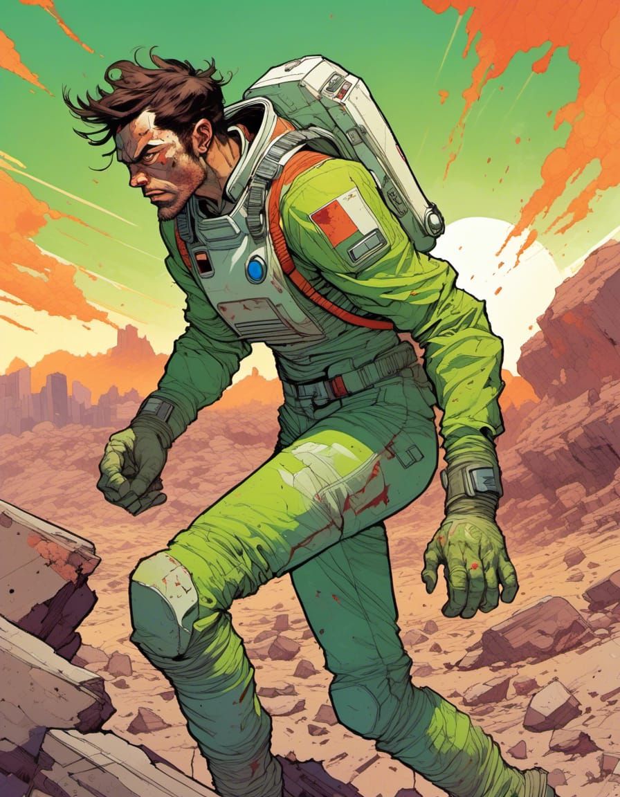 Space Explorer on Arid Planet in Comic Style