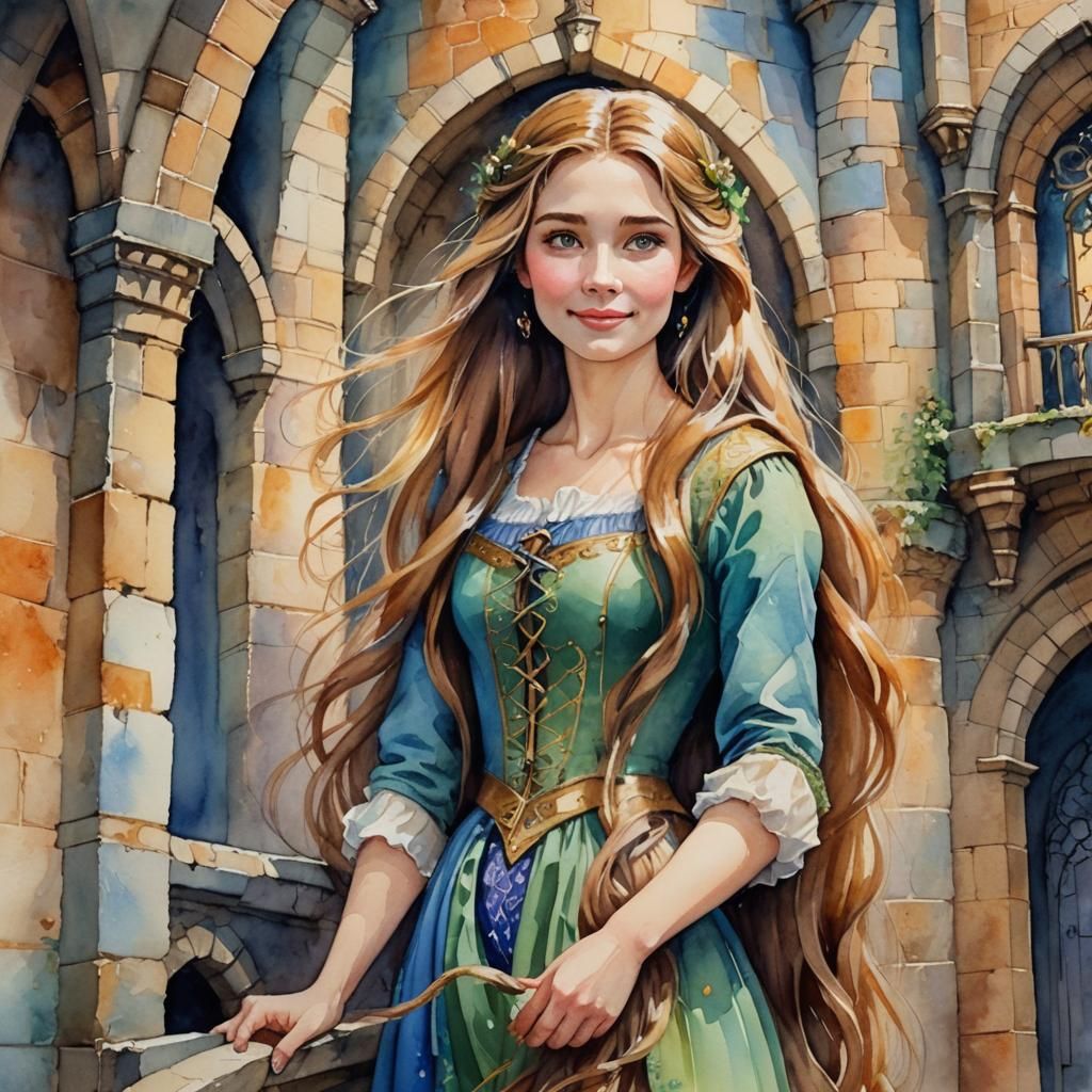 Fairytale Woman with Long Hair in Tower