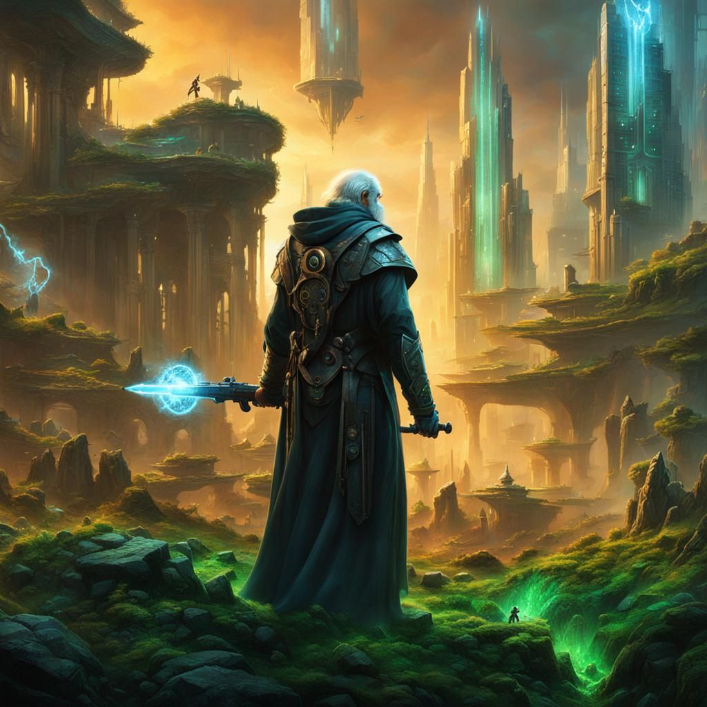 Druid Defends Against Cybernetic Agents in Cyberpunk City