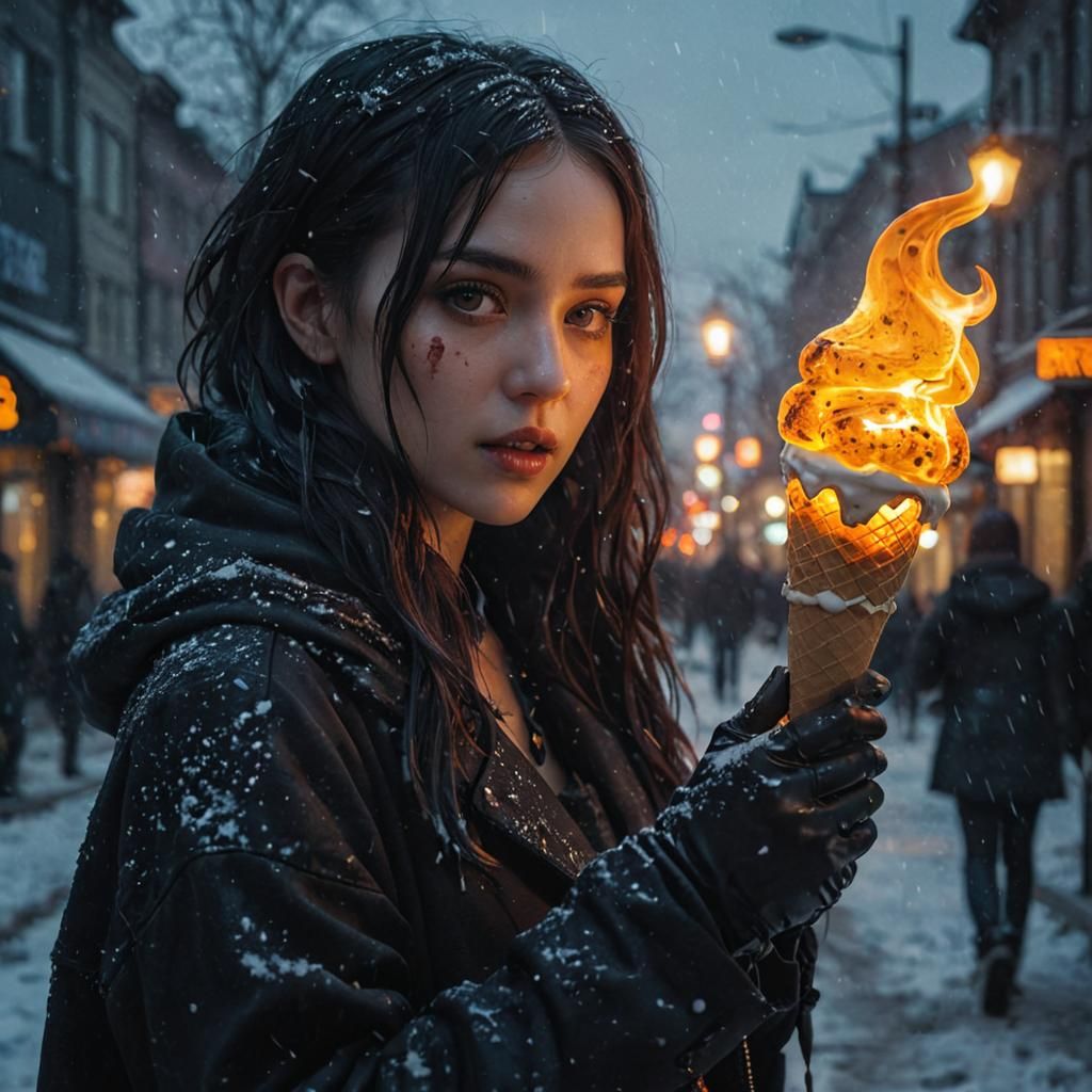 Fiery Ice Cream: Gothic Girl in Snowy Cityscape