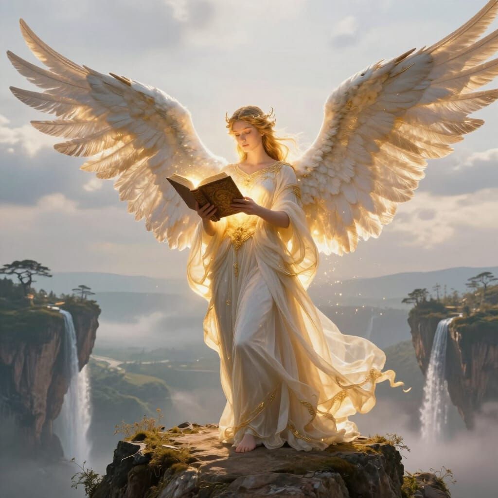 Majestic Angel with Glowing Book on Cliff Overlooking Fantas...