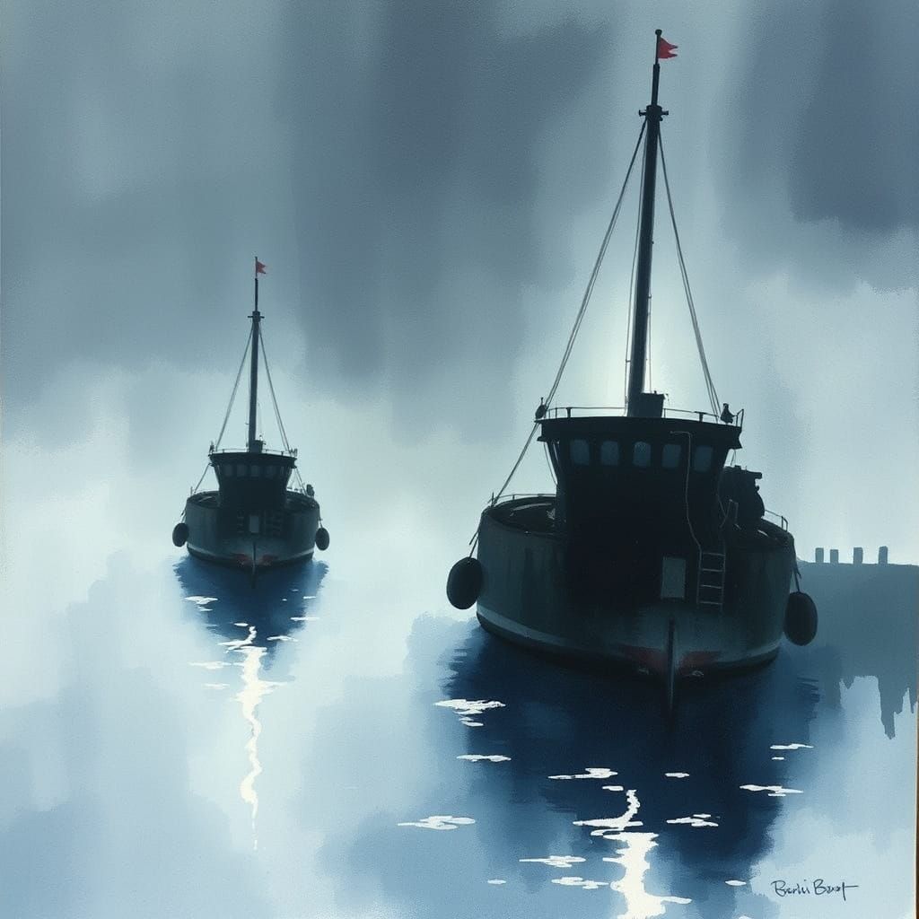 Mysterious Watercolour Harbour Scene with Two Bays