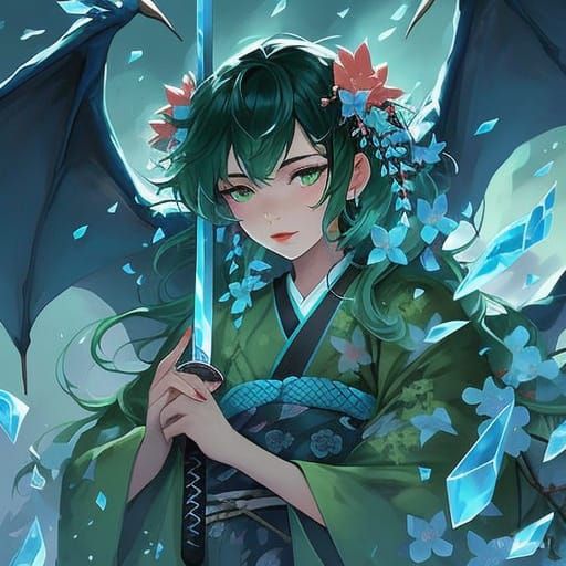 Anime Goddess with Majestic Dragon Wings and Elegant Kimono