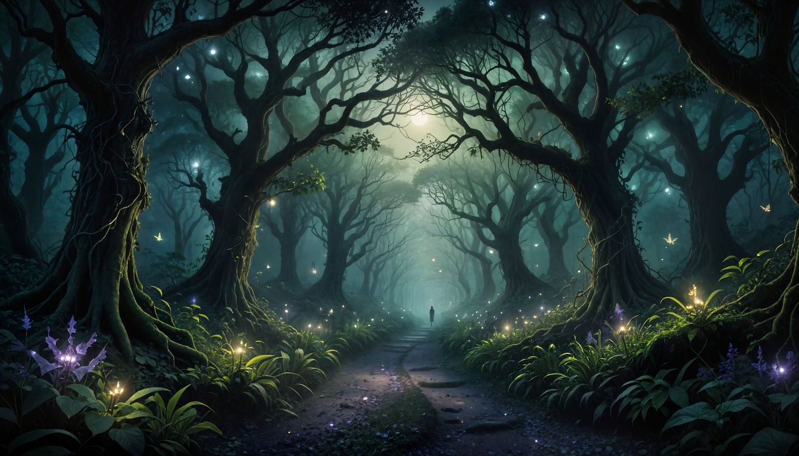 Ethereal Fae Forest Path Under a Starry Violet Sky