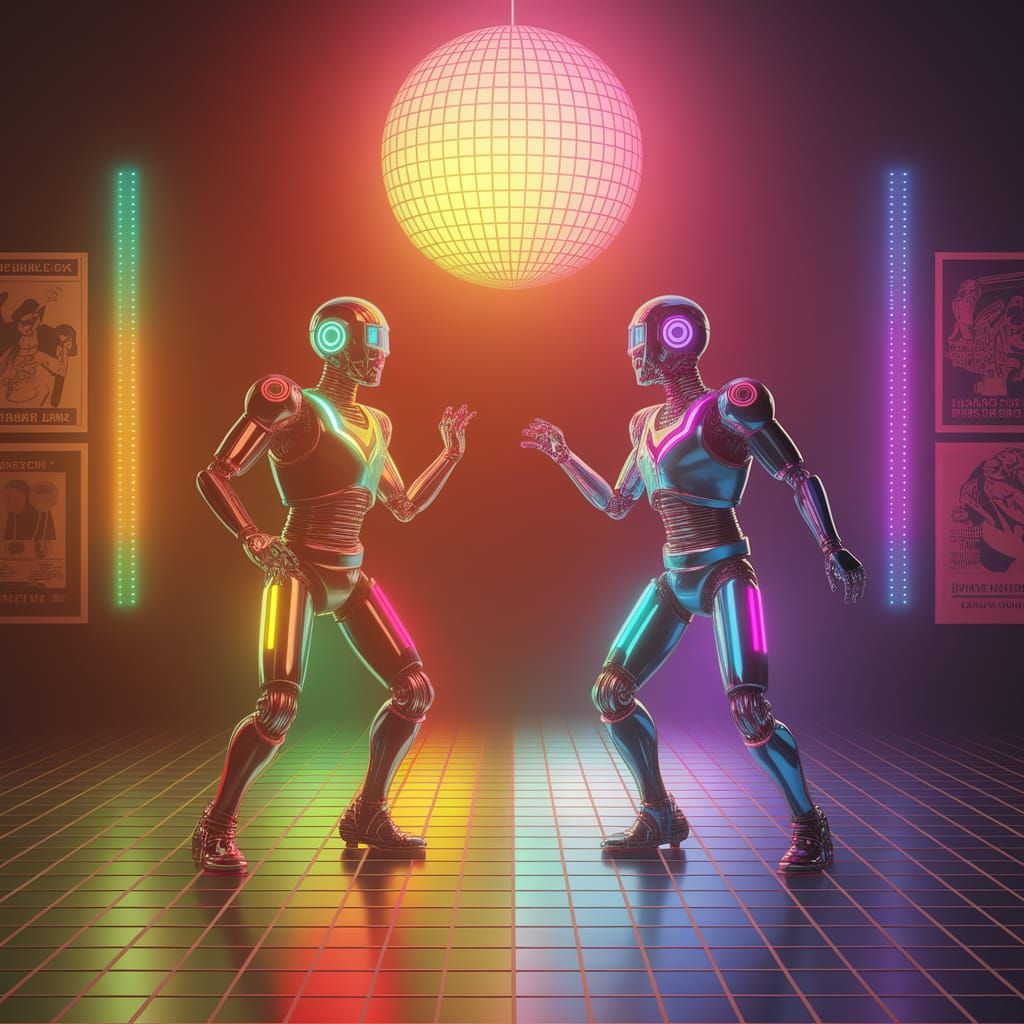 Retro Disco Robots Shine in Futuristic Dance Party