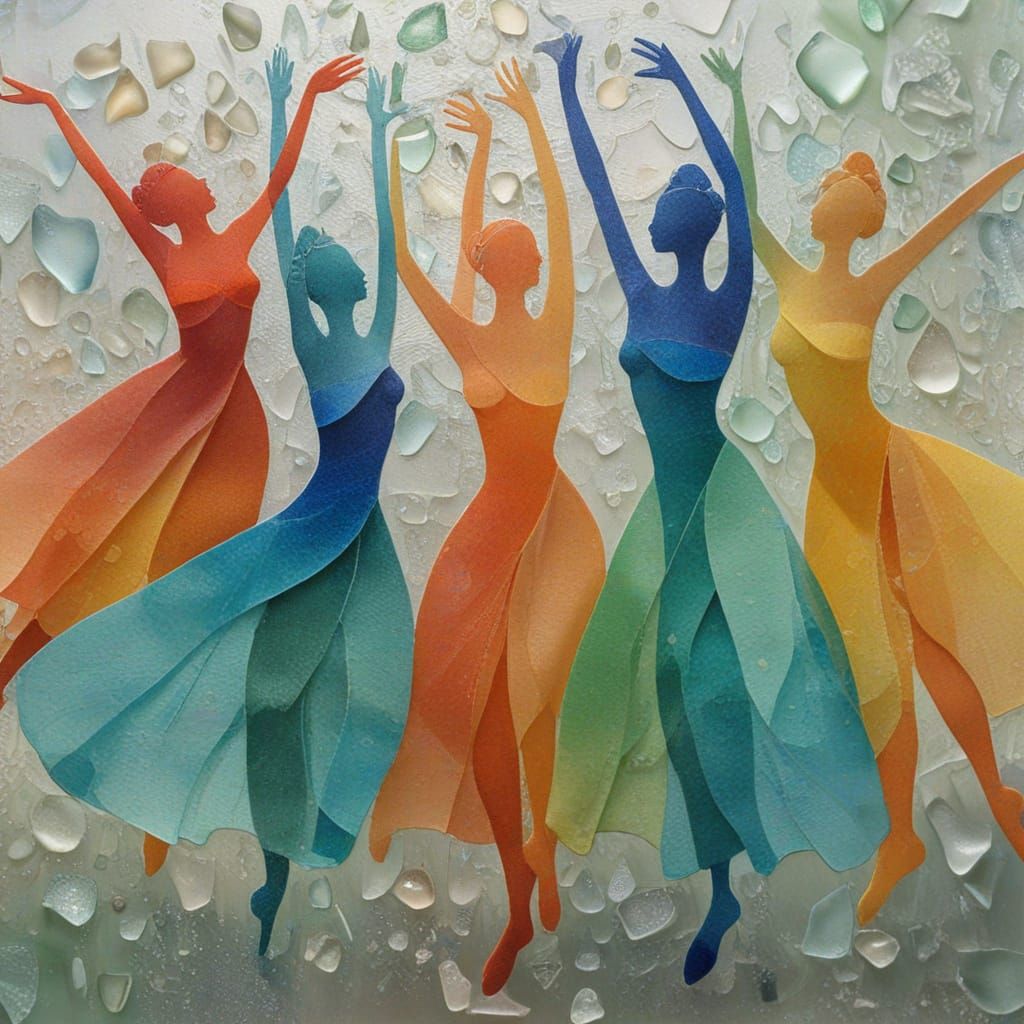 Dancers Made of Sea Glass in Whimsical Mixed Media Art