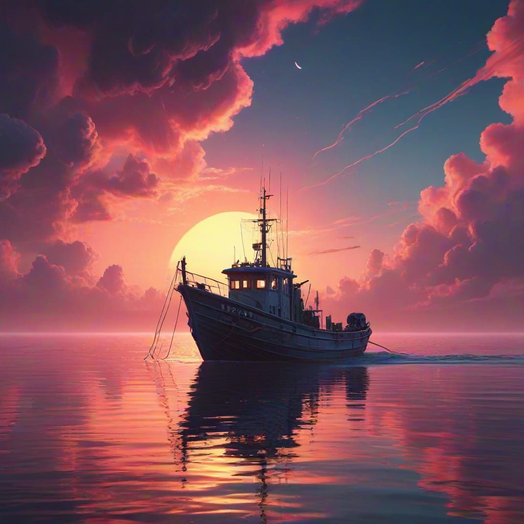 Synthwave Fishing Boat Drifting on Cosmic Sea