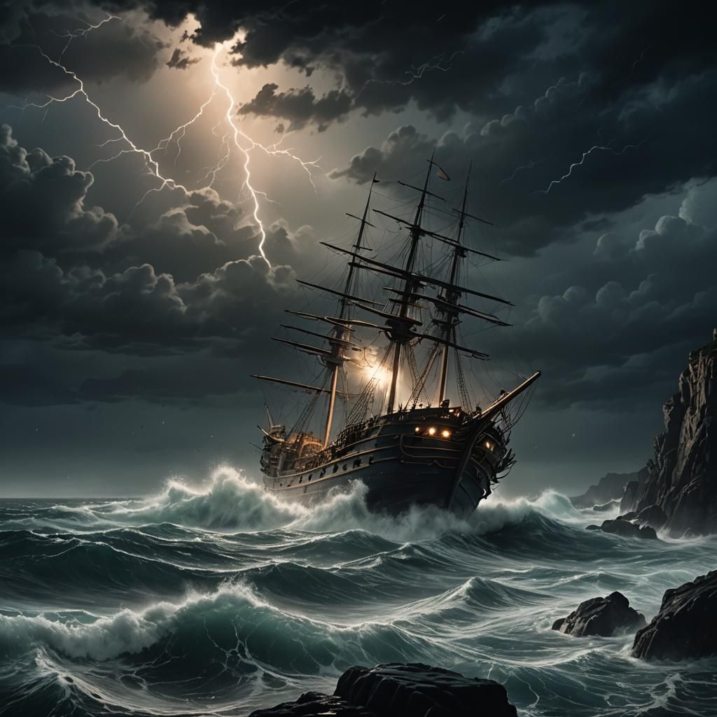 Dark Fantasy Shipwreck in Stormy Seas