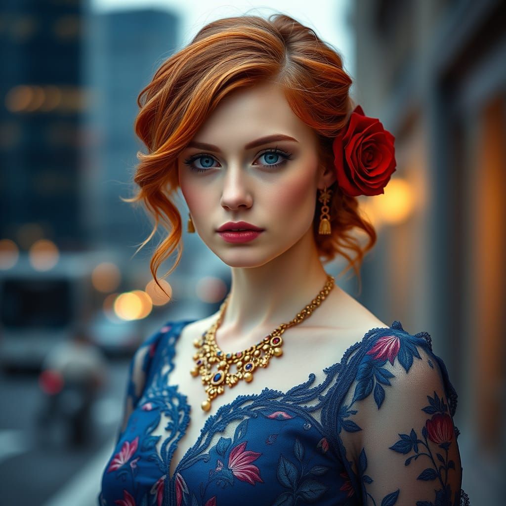 Ethereal Fantasy Goddess in Vibrant Red Hair and Blue Floral...