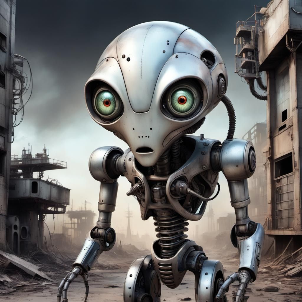 Cartoon Robotic Alien in Dystopian Industrial Ruins