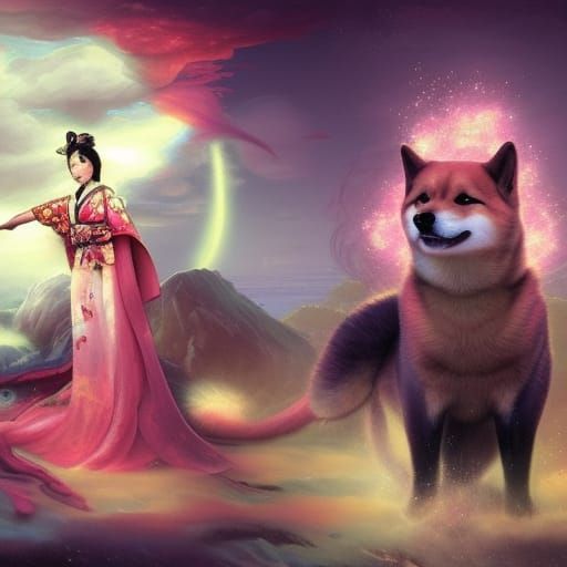 Psychedelic Shiba Inu and Geisha Dark Fantasy Art