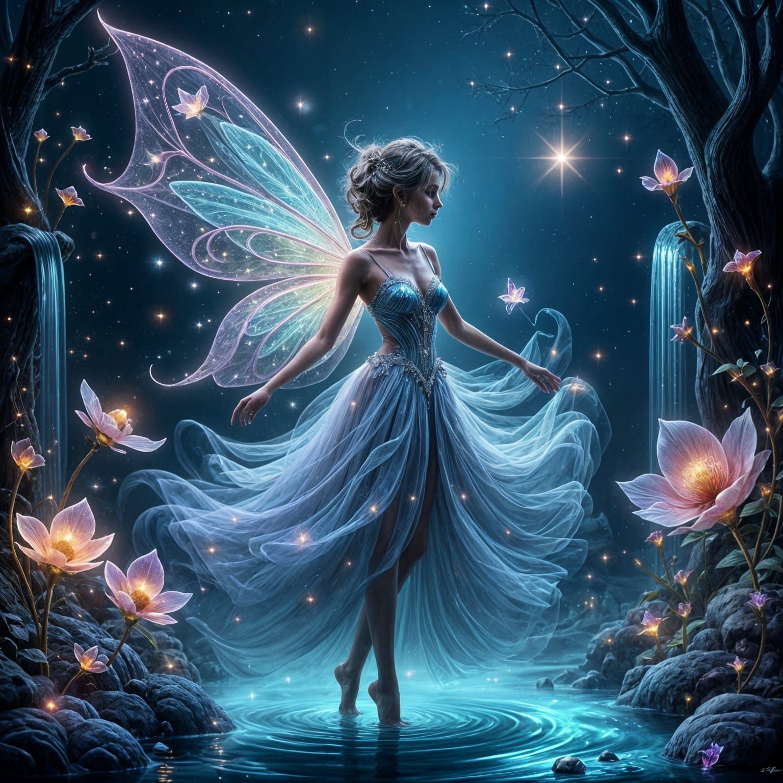 Ethereal Fairy Princess Dancing in Moonlit Grotto