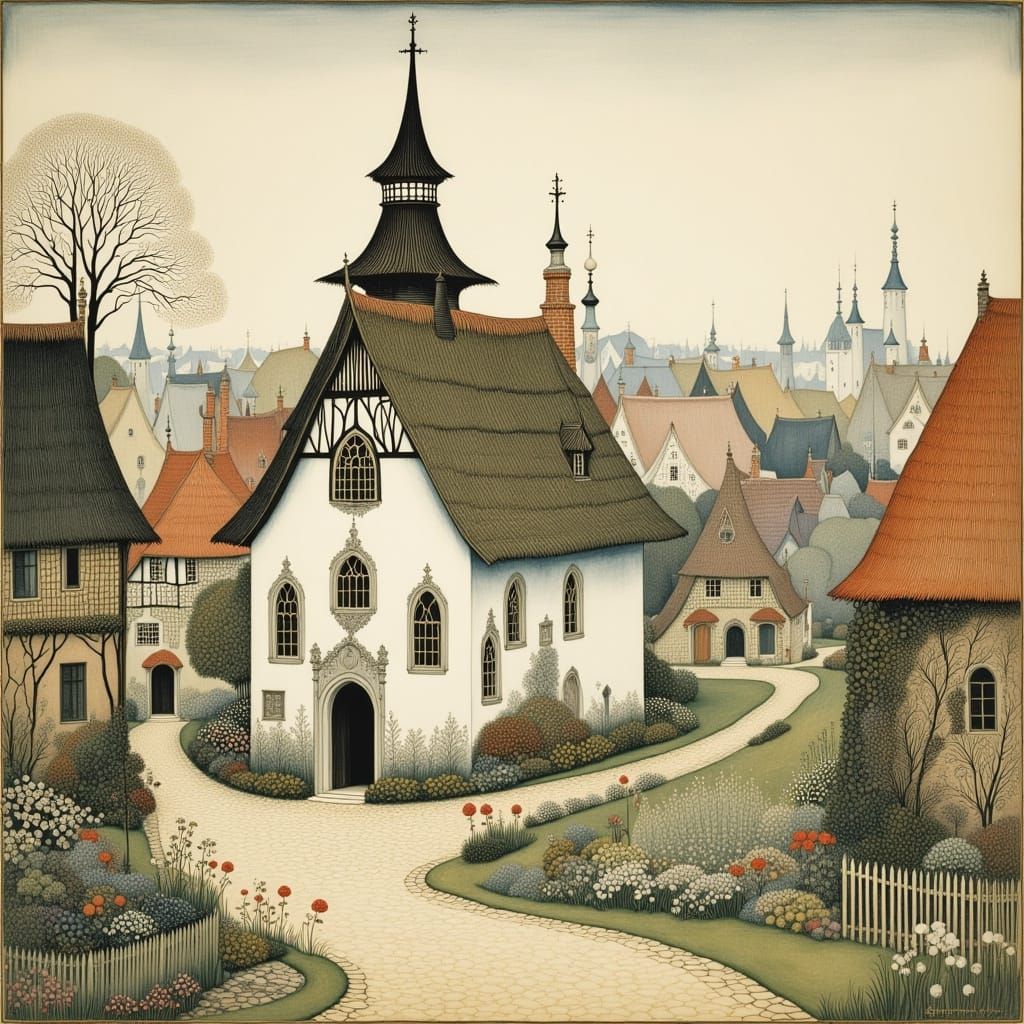 Whimsical Danish Village Scene in the Style of Hans Christia...
