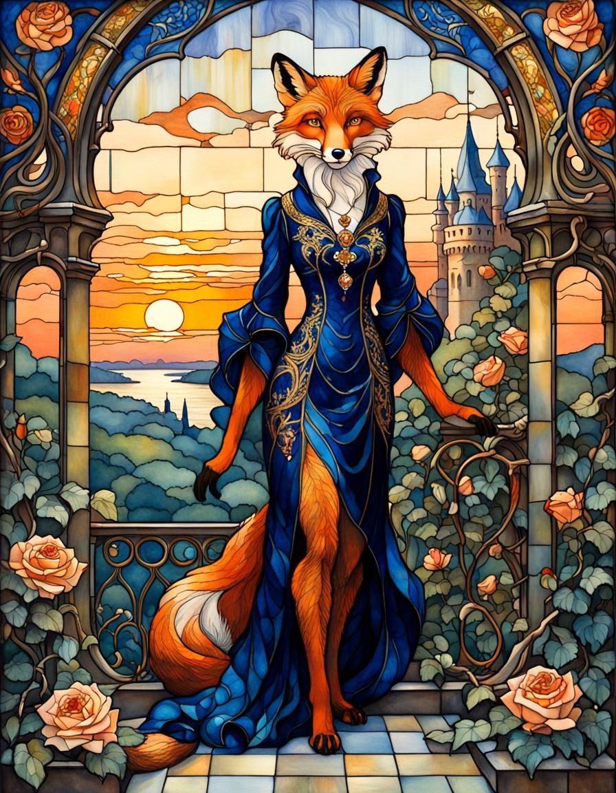 Art Nouveau Fox in Stained Glass Balcony Scene
