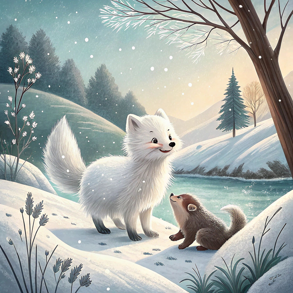 Fox and Otter Play in Snowy Anime Landscape