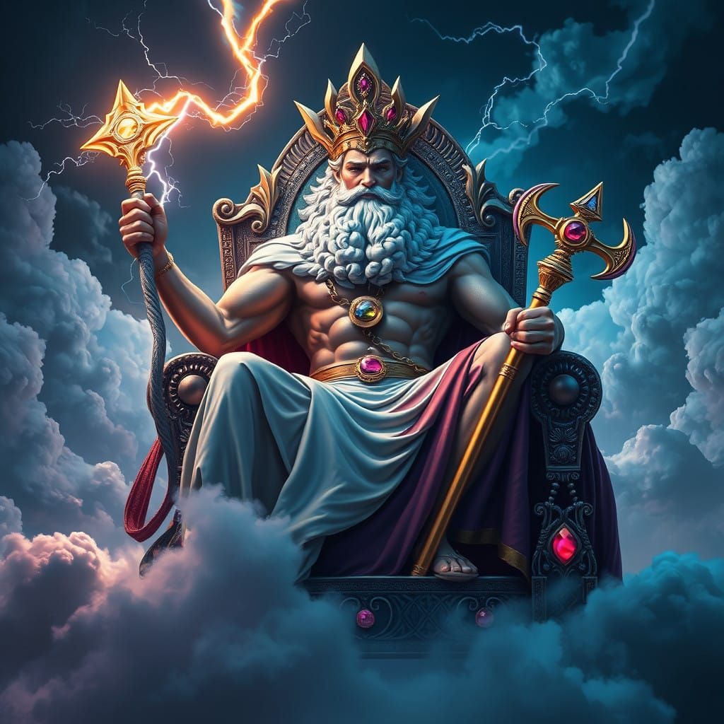 Regal Zeus Sits Upon Throne, Lightning Bolt and Golden Crook...