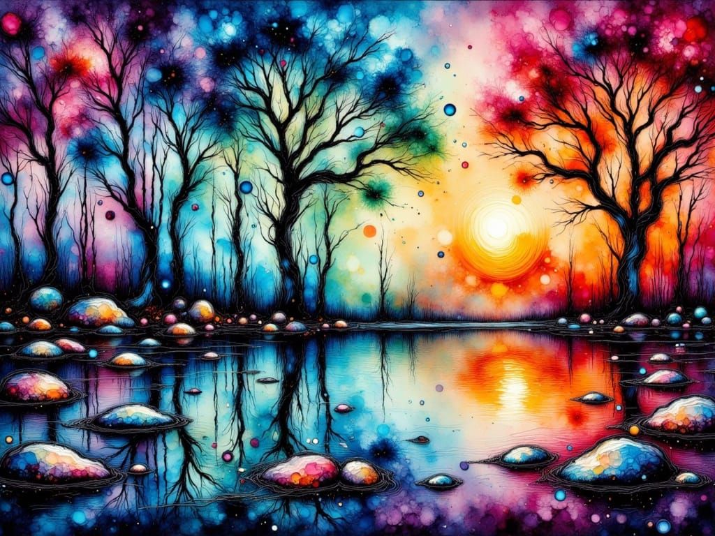 Kaleidoscopic Grove in Impasto and Alcohol Ink Style