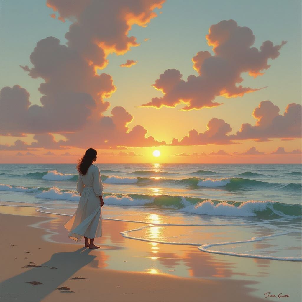 Dawn Seashore Figure in Realistic Oil Painting