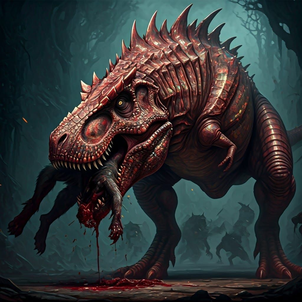 Opal-Skinned T-Rex Battles Werewolves in Fantasy Art