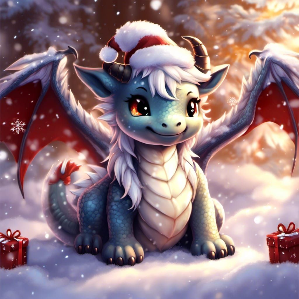 Festive Chibi Dragon with Christmas Hat and Snowflakes