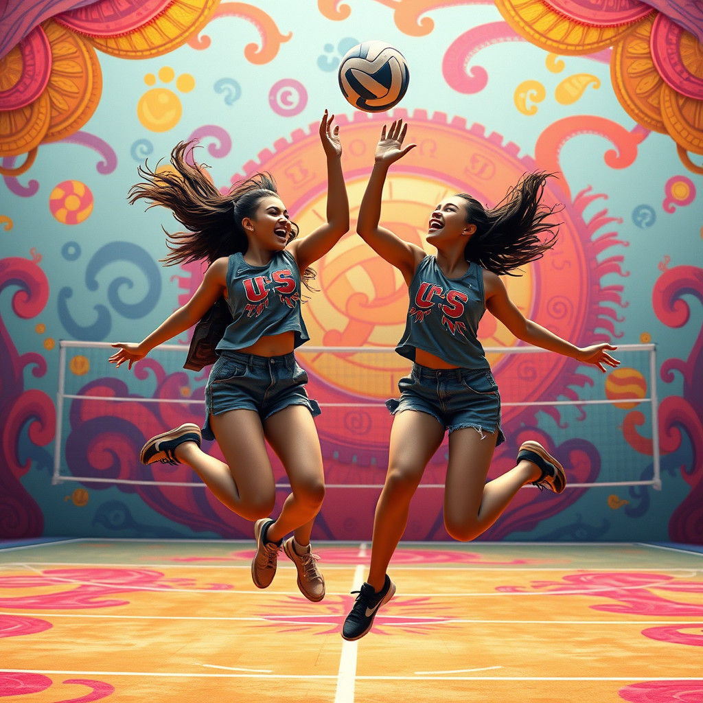 Joyful Volleyball High-Five in a Dreamlike World