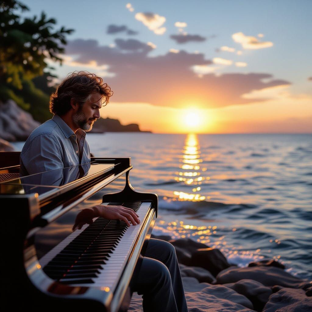 Man Plays Piano by the Sea