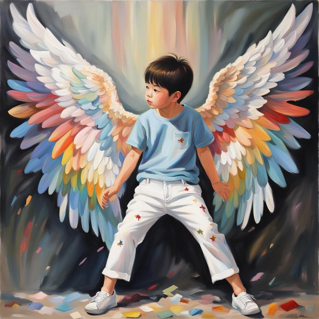 Korean Angel Boy with Rainbow Wings: Oil Painting