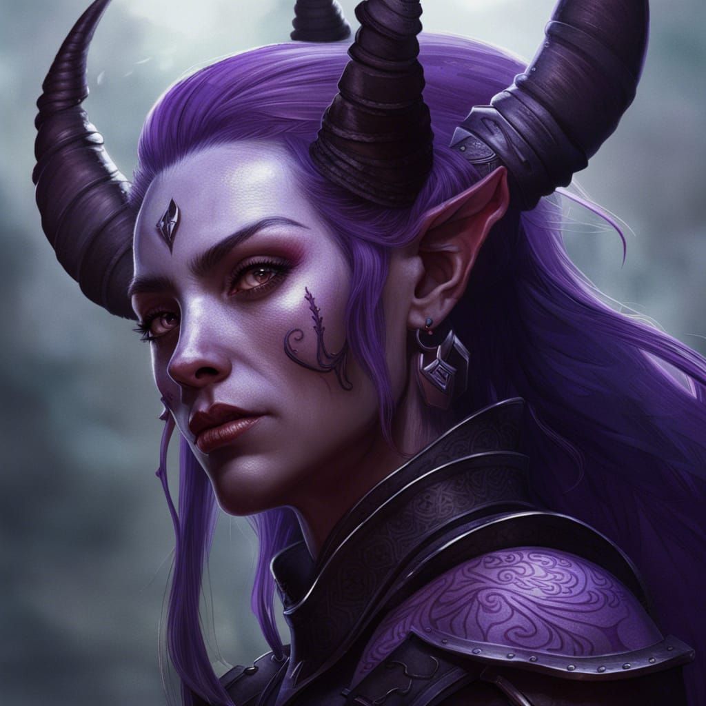 Tiefling Woman with Purple Hair in Detailed Armor