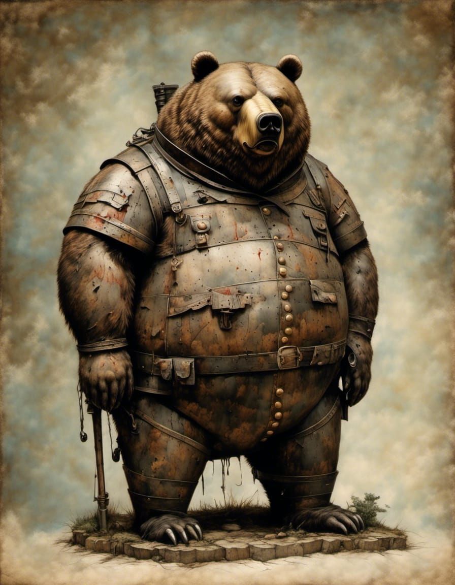 Rustic Giant Soldier Bear in Surreal Style