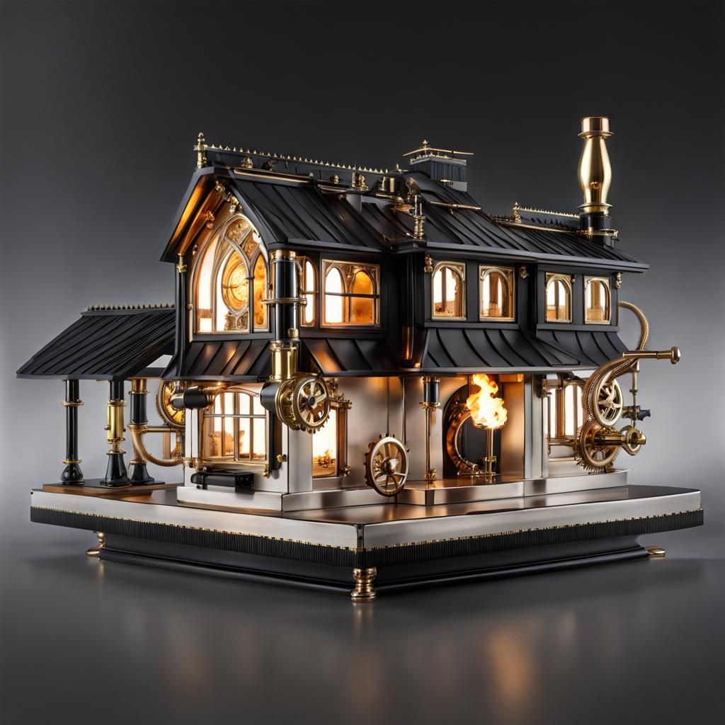 Steampunk Machine Model with Flames in Glossy Style