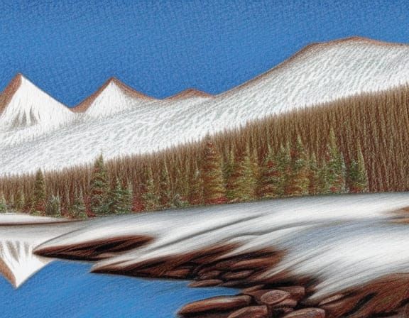 Coloured pencil drawing of a snow covered mountain range with a lake