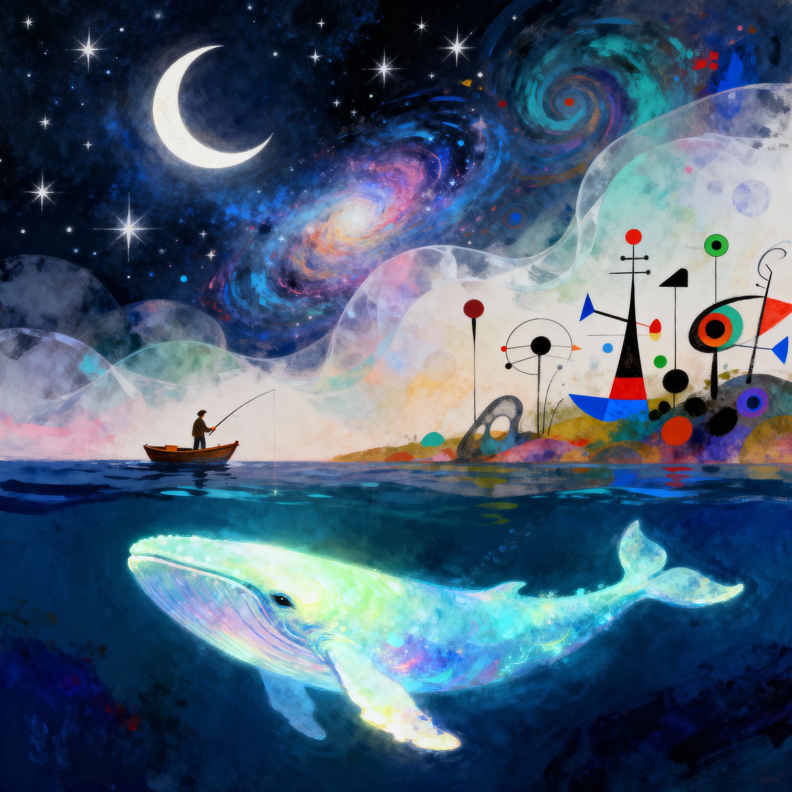 Ethereal Moonlit Fishing Scene With Cosmic Whale