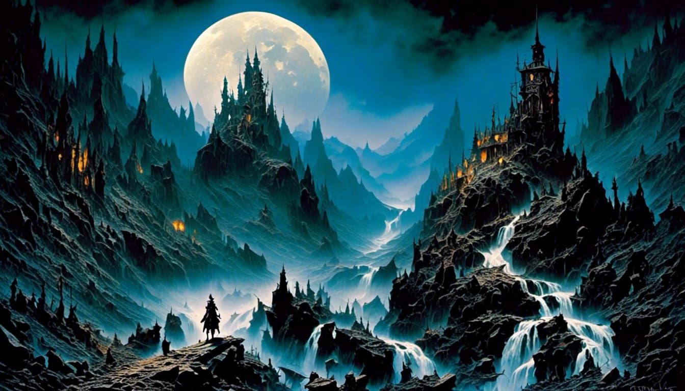 Creature Climbing Mountain Under Moon in Impasto Style