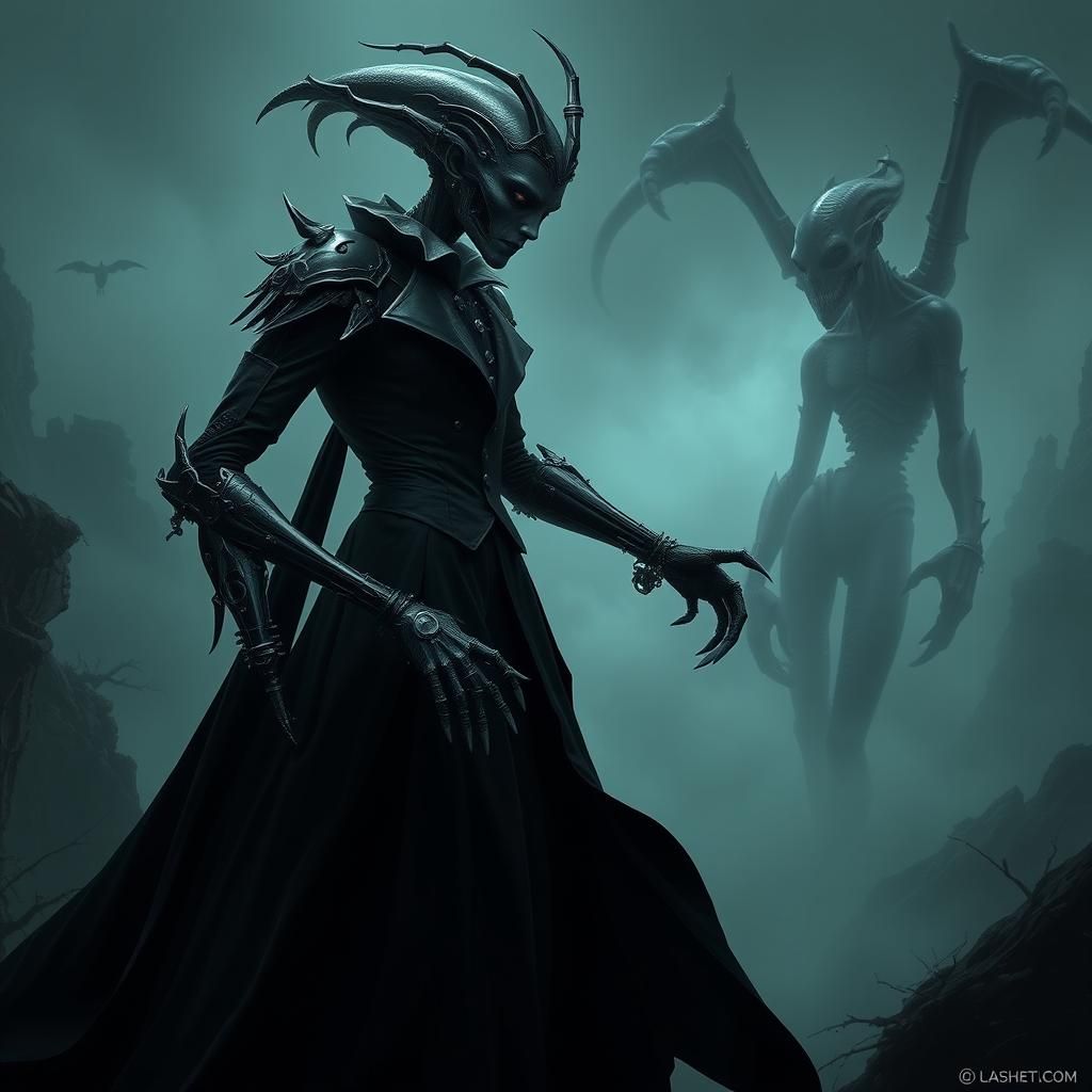 Humanoid Seduces Lovecraftian Alien in Gothic Landscape