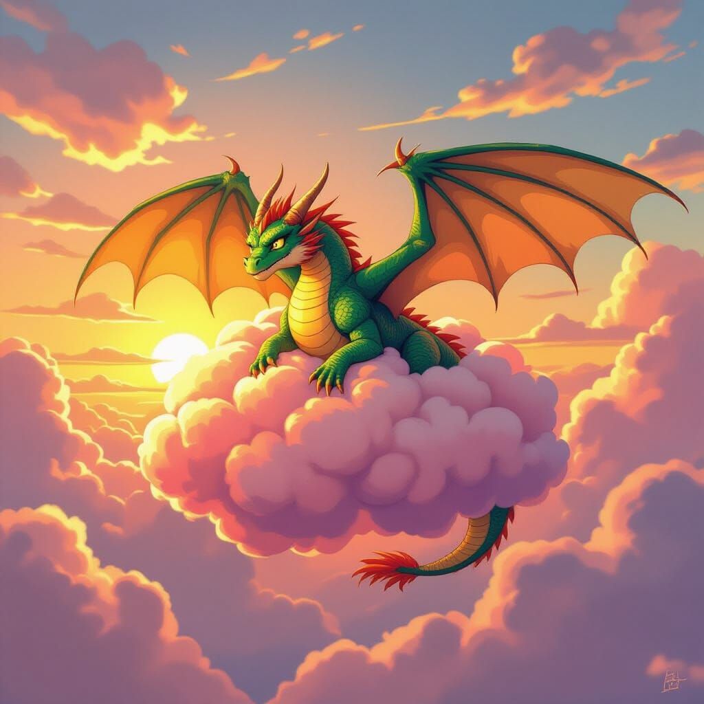 Dragon Tangled in Cloud, Falling in Sunset