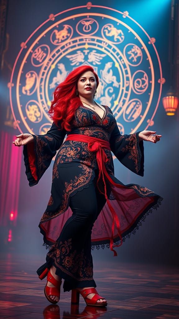 Zodiac Goddess in Mystic Costume Embodies Cosmic Fusion