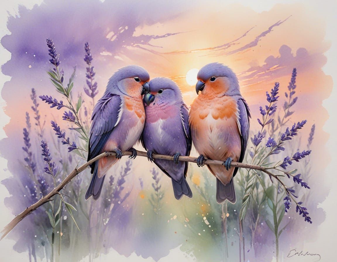 Lovebirds Cuddle at Sunset: Wet-on-Wet Watercolor