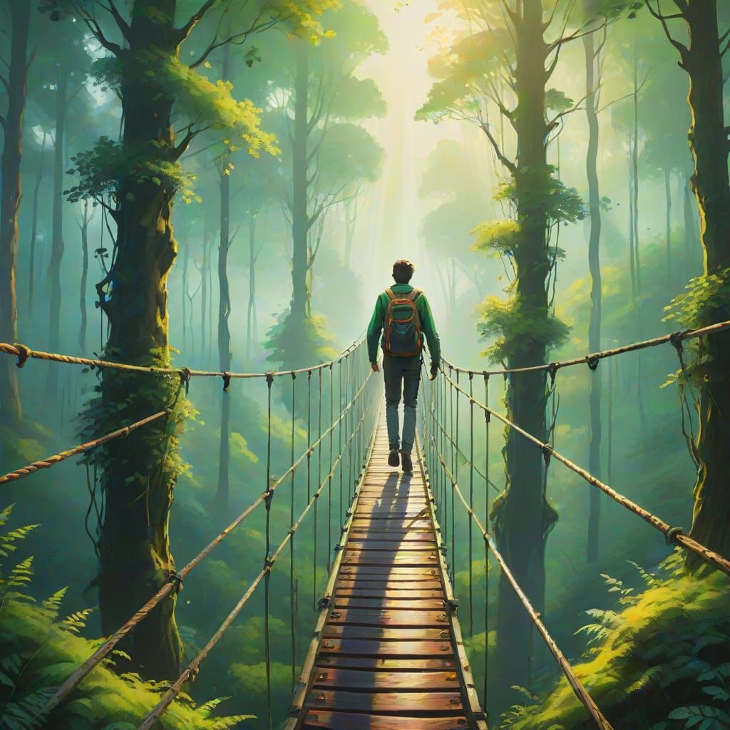 Majestic Green Forest Bridge in Vibrant Oil Painting Style