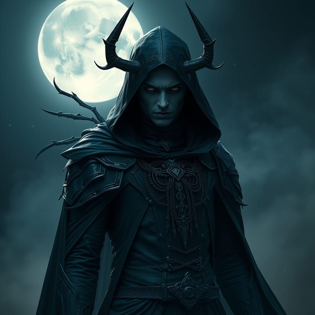 Mysterious Figure in Futuristic, Moonlit Landscape