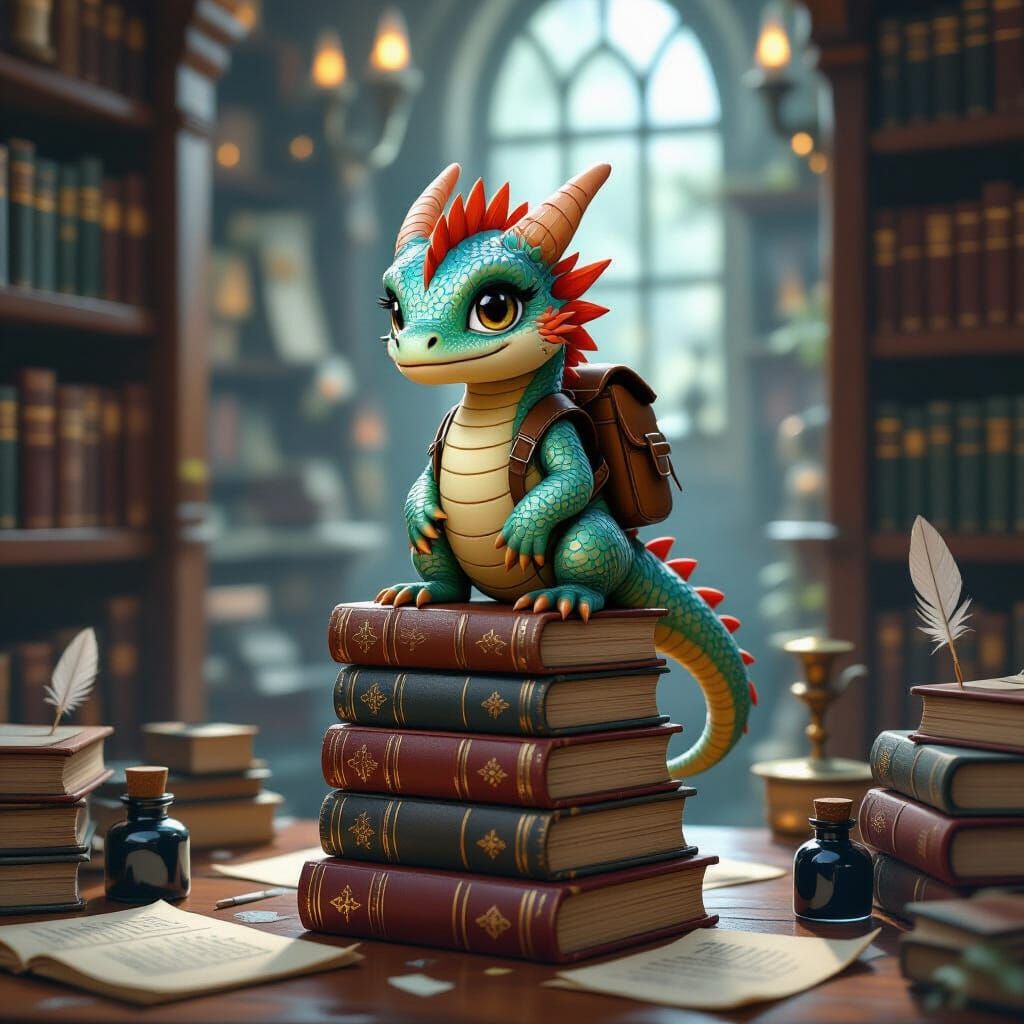 Miniature Dragon in Whimsical Library, Digital Art