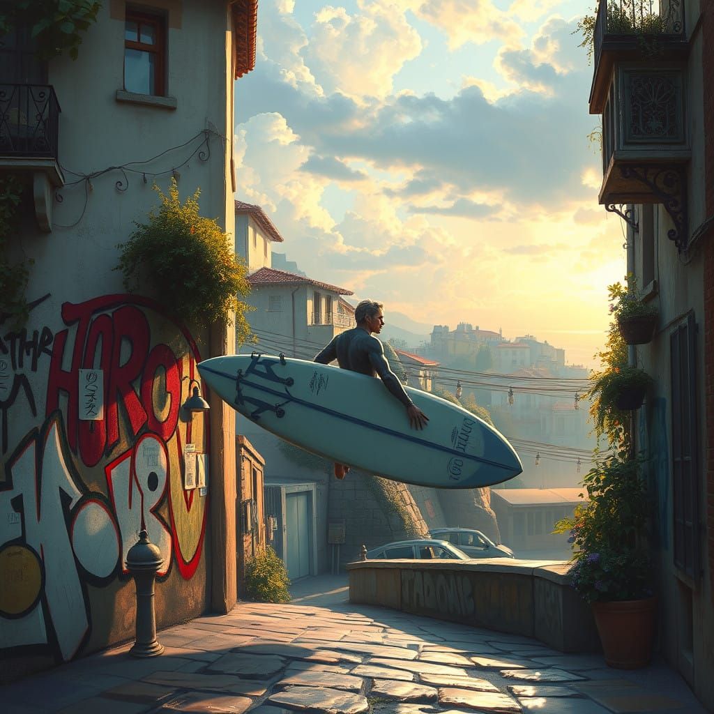 Hyperdetailed Surfing Character in Stylized Graffiti meets E...