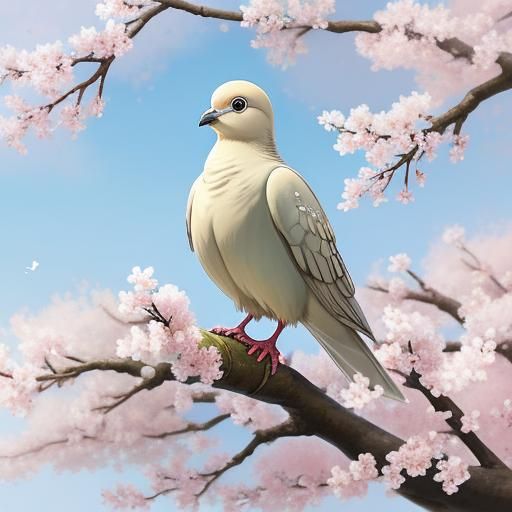 "A baby dove sitting on a cherry blossom tree" "by artist "anime", Anime Key Visual, Japanese Manga, Pixiv, Zerochan, An...