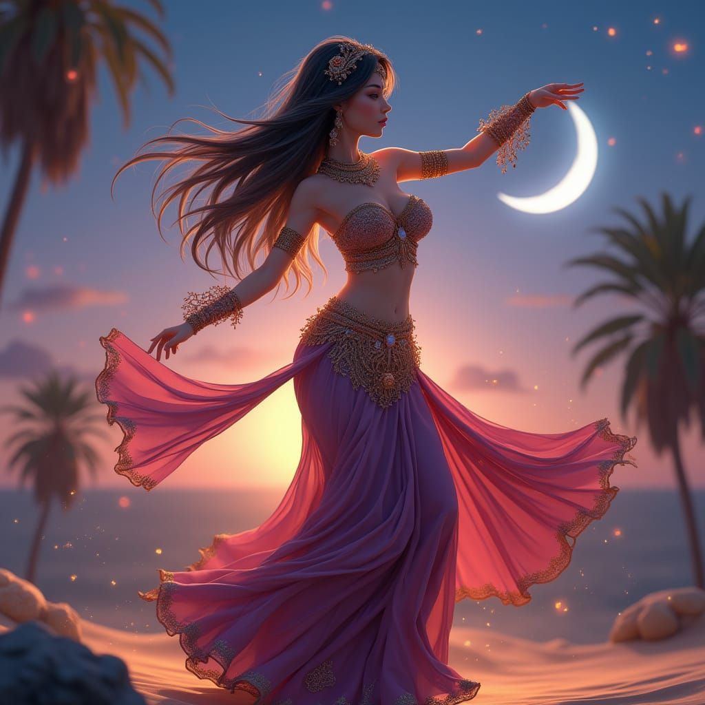Anime Belly Dancer in Desert Oasis Under Twilight Moon
