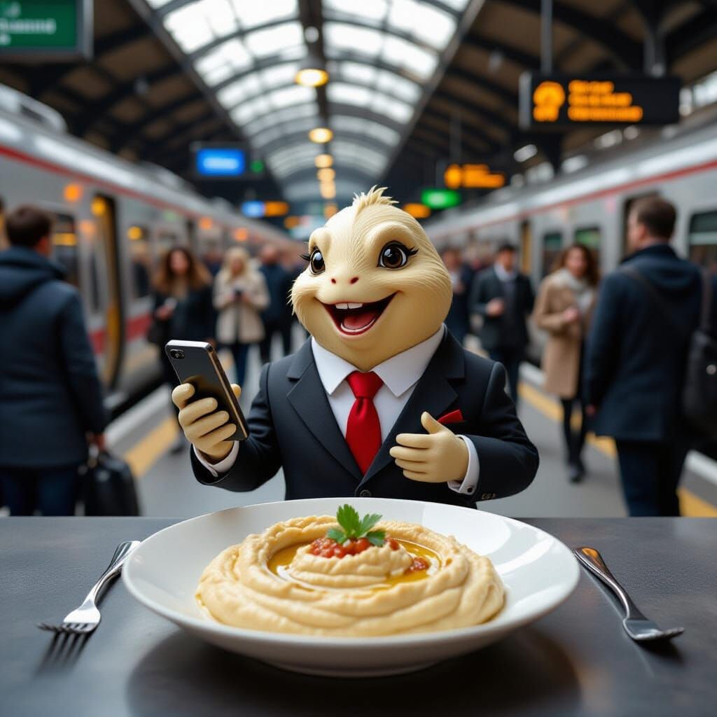Hummus in Suit Talking on Phone at Train Station