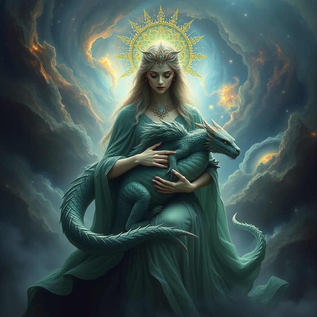 Earth Goddess with Celestial Dragon in Magical Realism