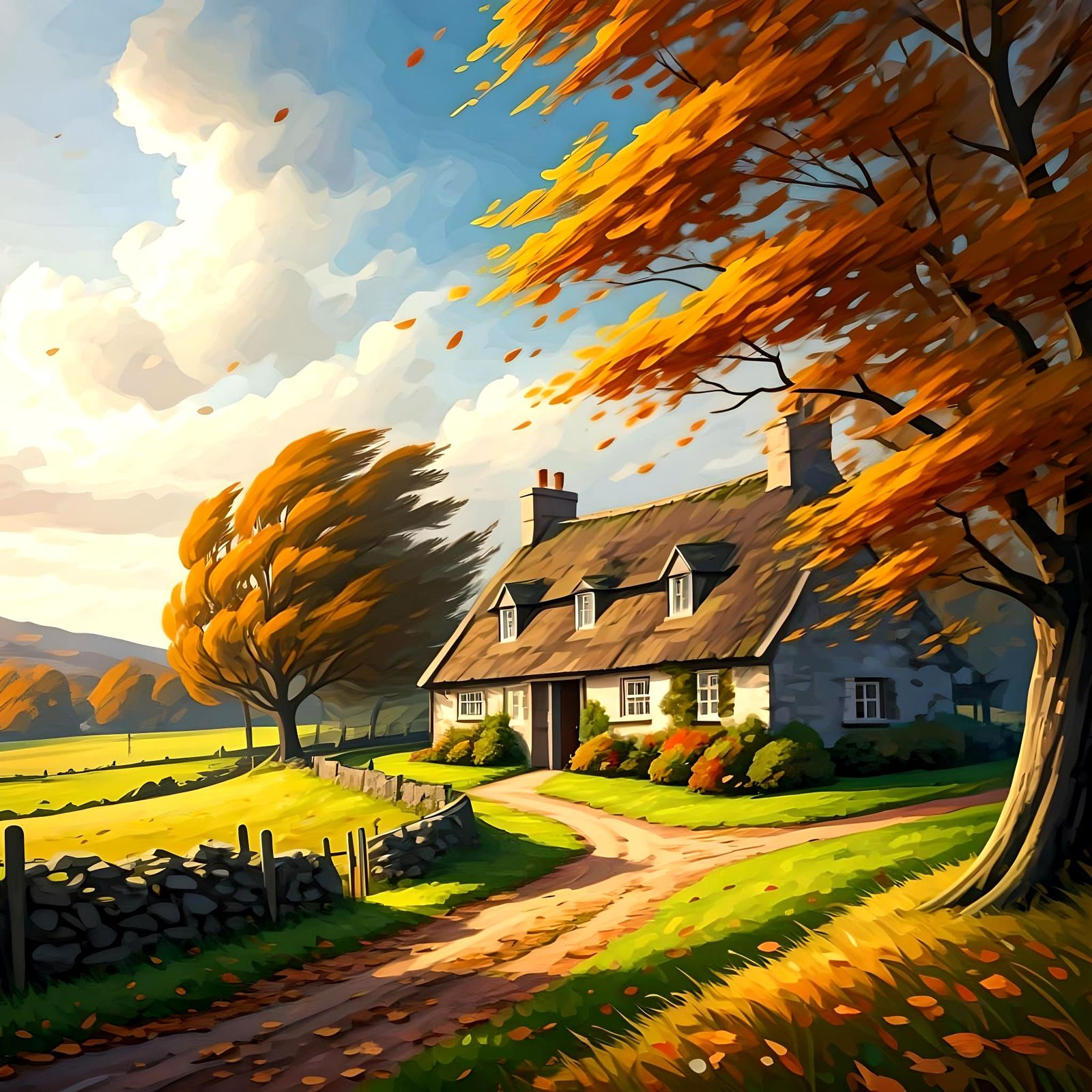 Autumn Storm Sweeping Leaves in Countryside Scene