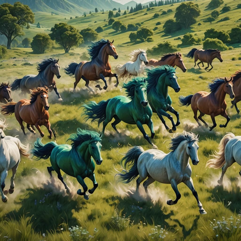 Wild Horses in a Lush Meadow: Fantasy Art