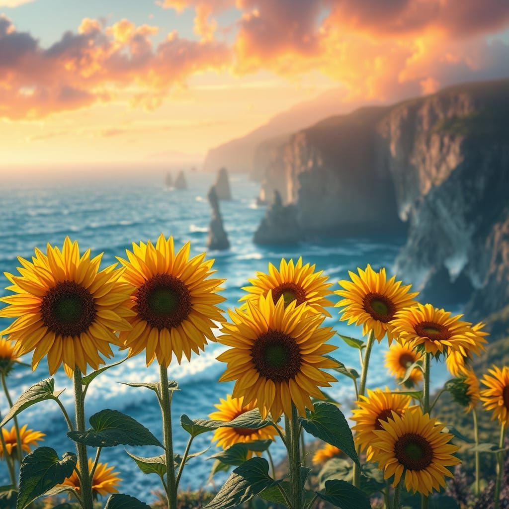 Vibrant Coastal Sunflowers in a Fantastical Dreamworld