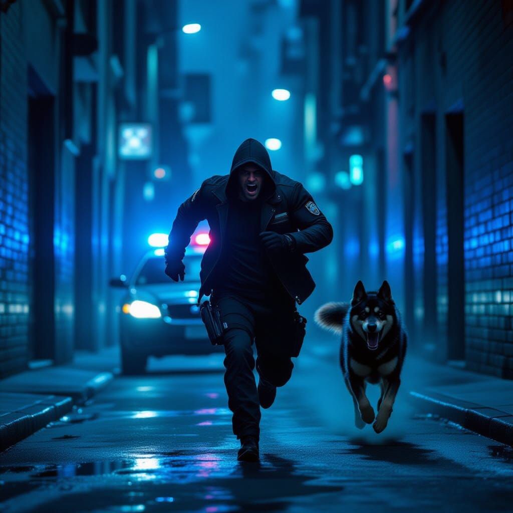 Dystopian Chase Scene with Police Dog in Futuristic Alley